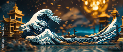Print op canvas The Great Wave of Kanagawa Diorama: A Stunning 3D Representation of a Japanese Masterpiece