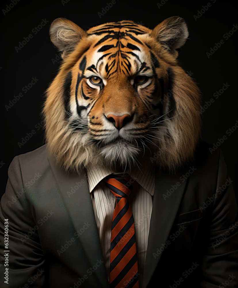 Businessman tiger wearing a gray suit. Against a black background