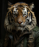 Portrait of a tiger wearing a green leather jacket. Isolated on a black background