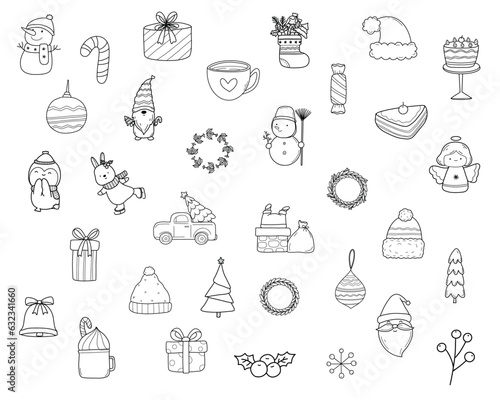 Christmas Graphics Set Vector Cutting Files Winter Snow Items Santa Claus Doodle Xmas Tree Snowman Mistletoe Presents Candy Noel Cricut Drawing Collection Transparent Isolated Illustrator PNG JPG SVG