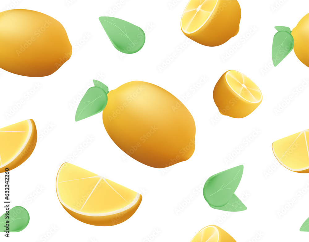 Seamless bright light pattern with 3D Fresh lemons for fabric, drawing ...