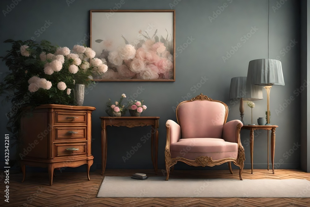 Obraz premium wall frame with chair and artificial flower vase with gray background