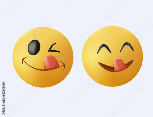 3D Yummy smile emoji with tongue lick mouth. Delicious tasty food symbol for social network 3D symbol UI. Yummy and hungry icon. Vector illustration isolated on white background