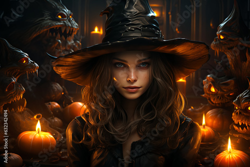 illustration of beautiful witch surrounded of Halloween Jack-o'-lanterns (carved pumpkins).