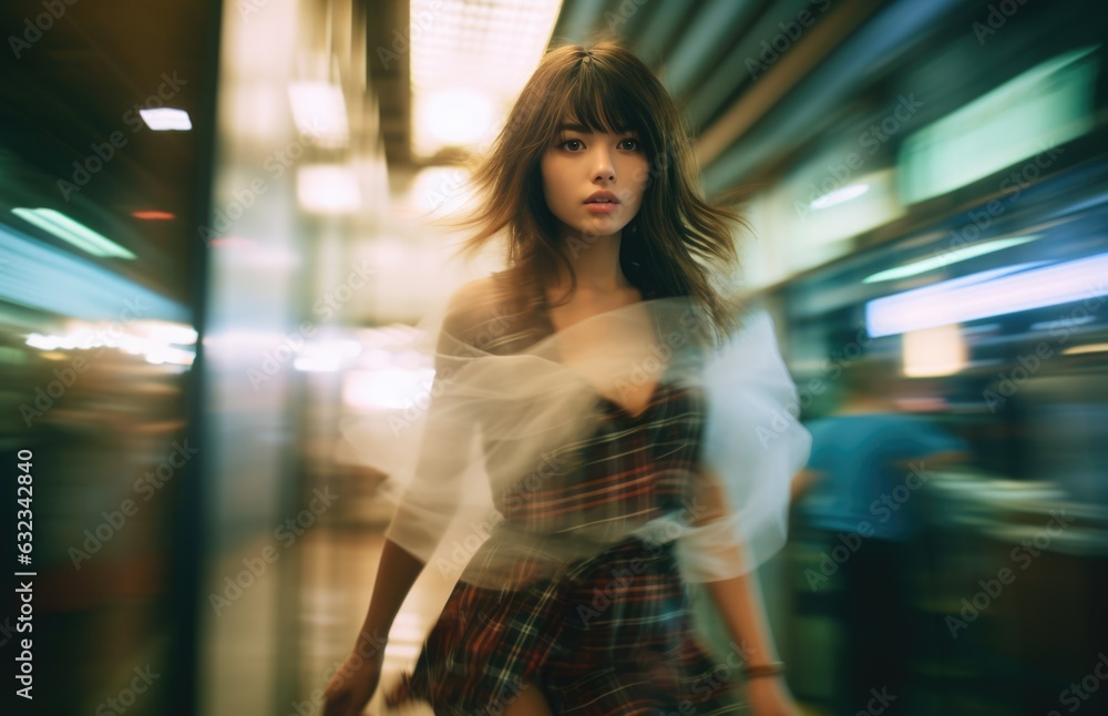 Young girl with curly brunette bangs wearing plaid flannel skirt, creative long exposure fashion shoot, bustling city sidewalk at night, creative bokeh blur and light streaks background generative AI Young girl with curly brunette bangs wearing plaid flannel skirt, creative long exposure fashion shoot, bustling city sidewalk at night, creative bokeh blur and light streaks background generative AI