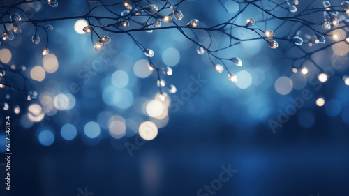 Christmas Garland Bokeh Lights on Dark Blue Background