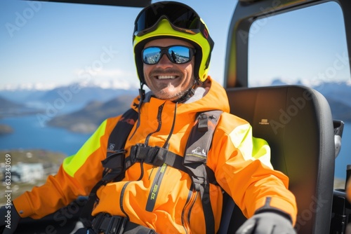 A man in an orange jacket and goggles sitting in a helicopter. AI.