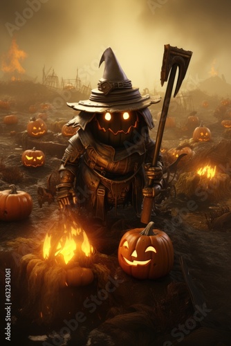 A man dressed as a witch with a broom and pumpkins. AI.