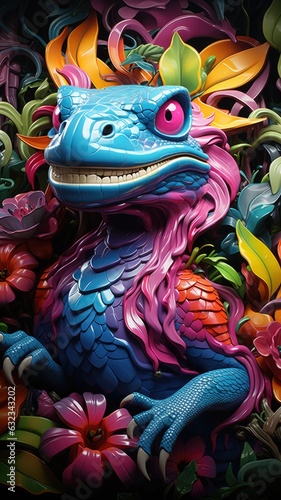 A blue dragon statue surrounded by colorful flowers. AI.