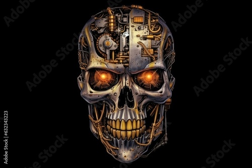 Design for a shirt featuring a mechanical skull with golden eyes. Generative AI