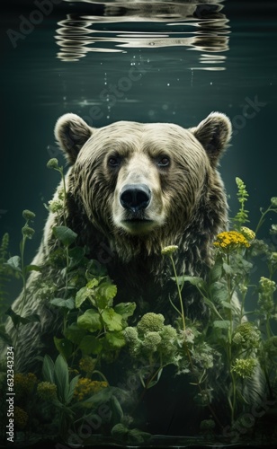 A bear in the water surrounded by plants. AI.