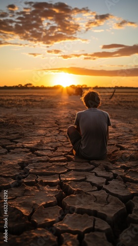 A person sitting on the ground in front of a sunset. AI.