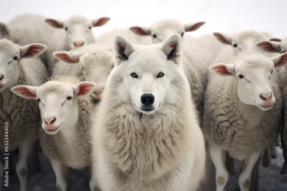 Obraz premium A wolf in sheep's clothing - wolf shepherd surrounded by sheeps. 