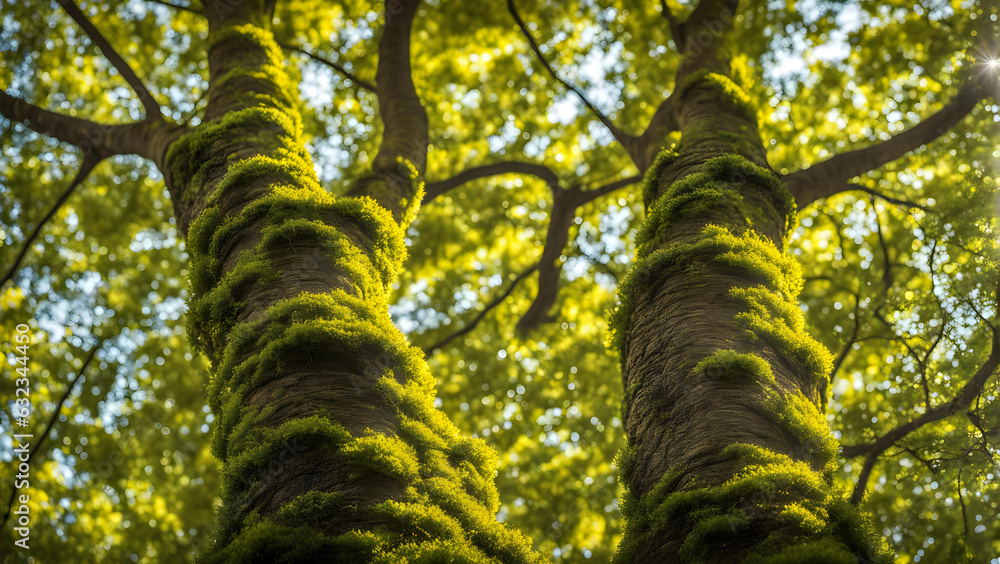 Fototapeta premium Digital Nature's Pinnacle: AI-Crafted Tree Portrait in Lush Forest Stock Landscape