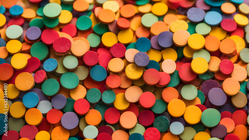 AI-Generated Art: Seamless Vector Design of Colorful Candy Circles in Bright Red, Green, Yellow & Orange - Sweet Sugar Texture with Fun Chocolate Rainbow Patterns & Food Decorations