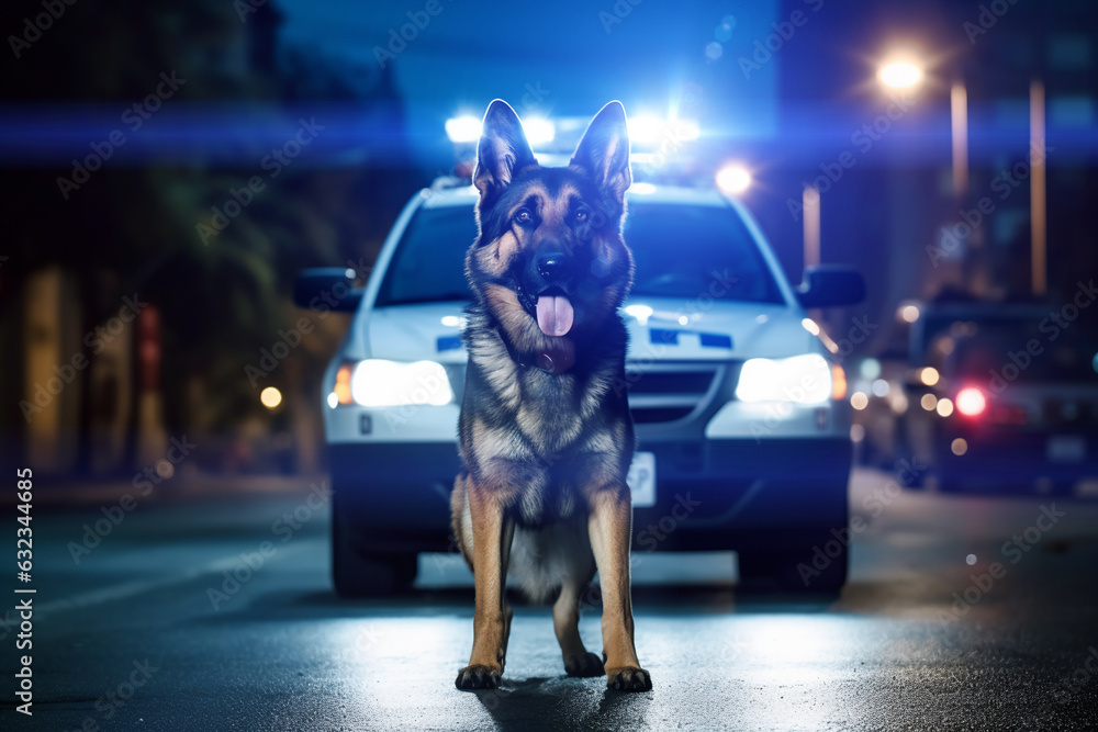 German Shepherd in the police service (police officer) - stands at the background of a police car with a flashing light on. Service dog - tracking, detection of drugs, explosives.