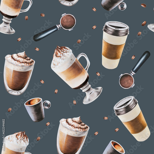 Watercolor seamless pattern with coffee making tools. Latte, espresso, americano. Hand painting on isolated background. For designers, menu, shop, bar, bistro, restaurant, for postcards, wrappin photo