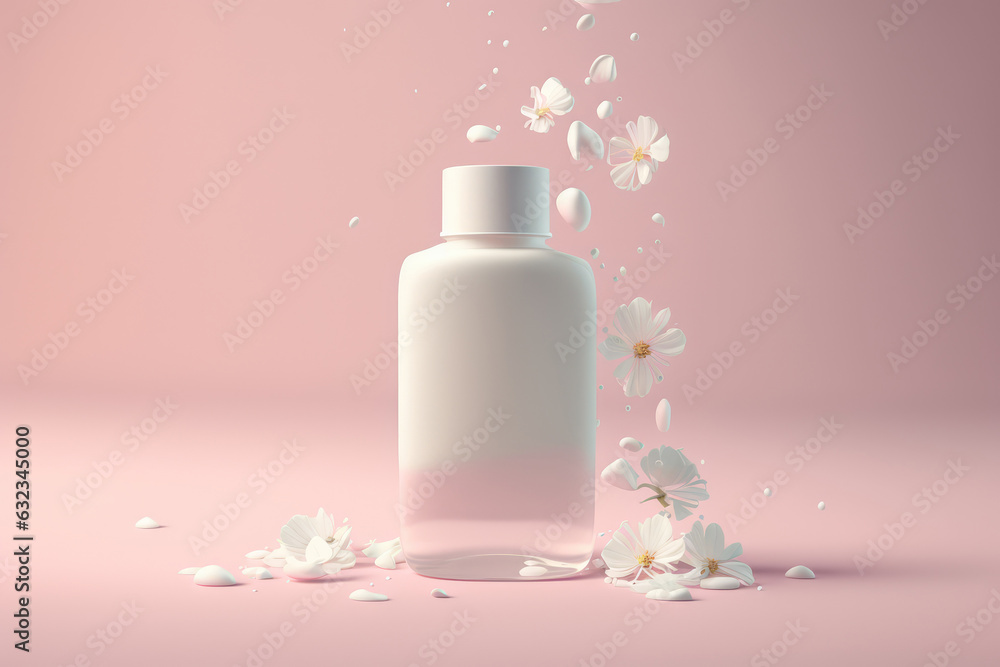 White cosmetic bottle mock up on the pastel background with flowers, Generative AI
White cosmetic bottle mock up on the pastel background with flowers, Generative AI