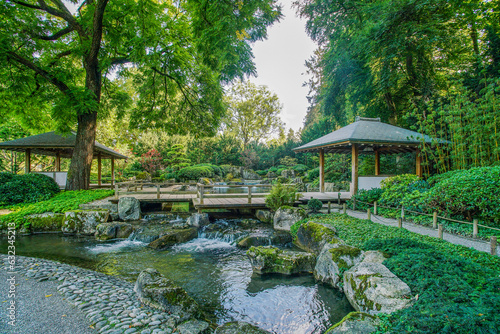 Foto Awe view on  japanese garden  wiyj waterfall , gazebo,  in Botanical garden  in
