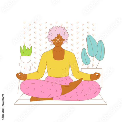 Elderly female character sitting on the floor in meditation pose. Flat outlined colorful vector illustration.
