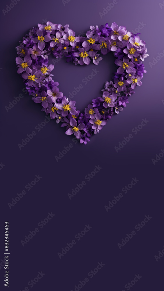 A heart made of purple flowers on a purple background. Digital image. Copy-space, place for text.