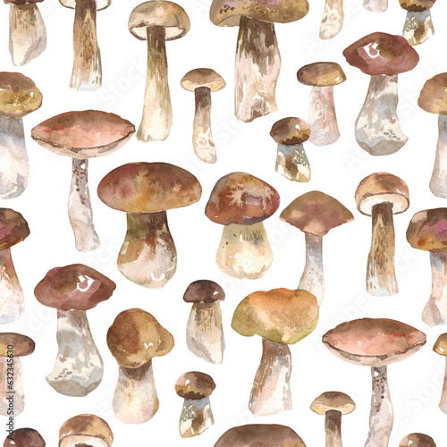 Seamless pattern of autumn watercolor mushrooms. Hand drawn nature design elements isolated on white background. Botanical iilustration print