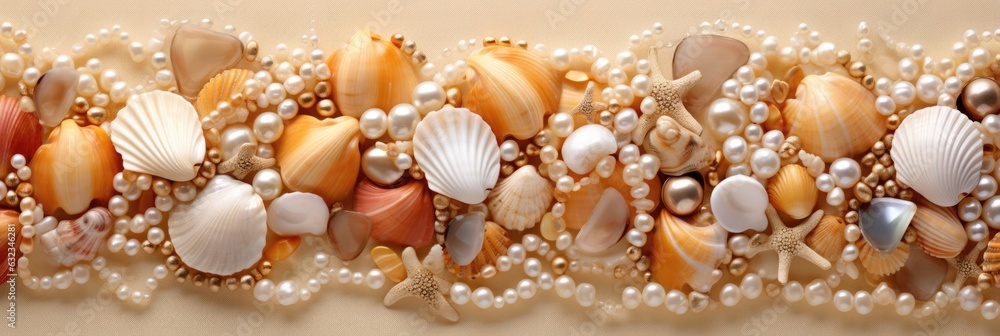A row of seashells and pearls on a wall. Digital image. A row of seashells and pearls on a wall. Digital image.