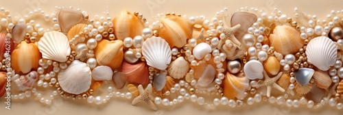 A row of seashells and pearls on a wall. Digital image.