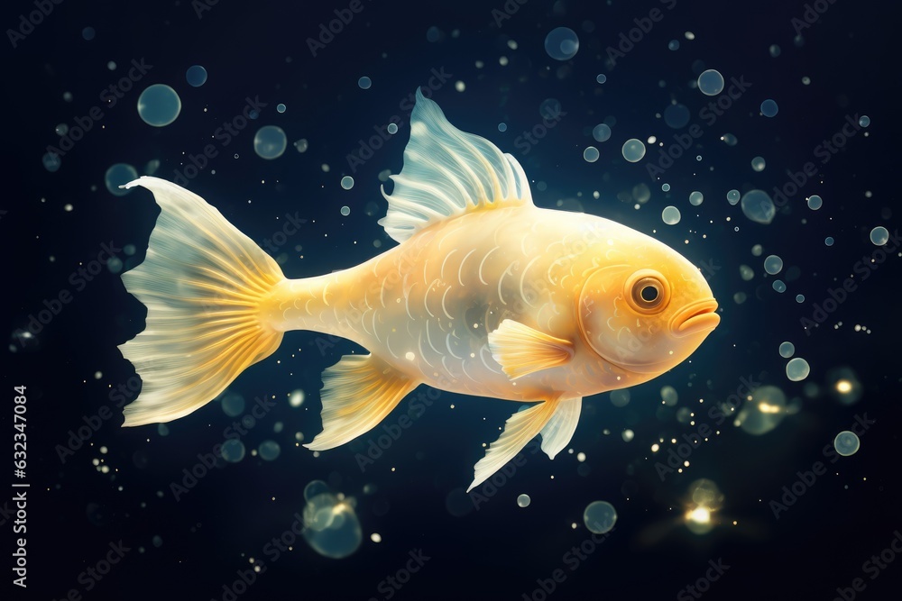 Fototapeta premium A goldfish swimming in the water with bubbles. Digital image. Contaminated water, radioactive fish.