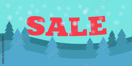 Winter Holidays sale template. Winter sale social media post frame with Christmas tree shape, snowflakes. Suitable for mobile apps, banner design and web internet ads. Vector illustration.