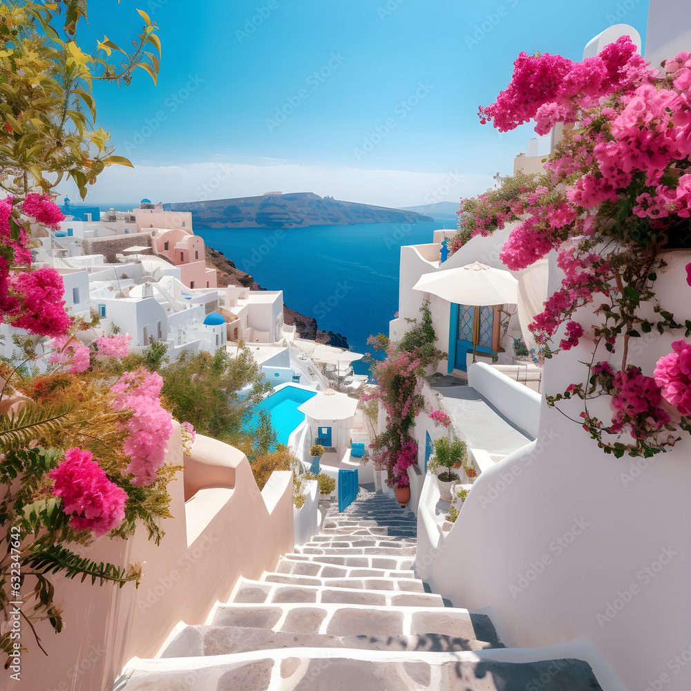 Fototapeta premium Stunning picturesque view of Santorini with whitewashed houses village, pink flowers and blue sky