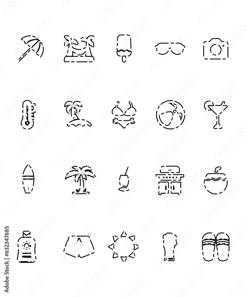 Fototapeta premium 20 Broken Line Vectors Of Beach And Summer Icons In Black Monotone