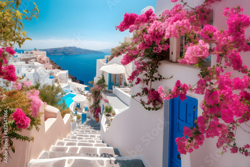 Beautiful landscape of Santorini with blue sky and pink flowers