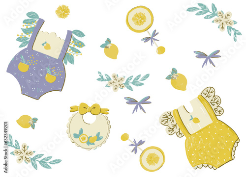 Newborn baby items set with cartoon elements . bodysuit with decorative floral embellishments, rattle, bib, lemon, leaves, bow and other decor isolated stickers. Vector illustration