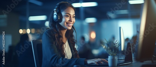 Photo of a woman working in a call center, providing customer support for IT and tech issues with headphones on - IT Professional Support