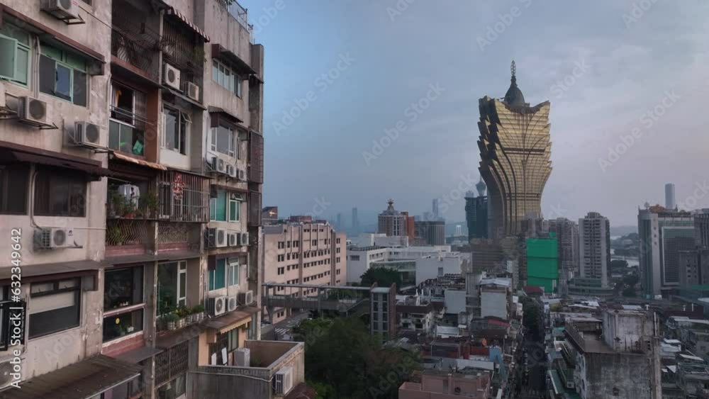 Old Residential Buildings On The Background Of Modern Macau, China, Aerial Panorama Old Residential Buildings On The Background Of Modern Macau, China, Aerial Panorama