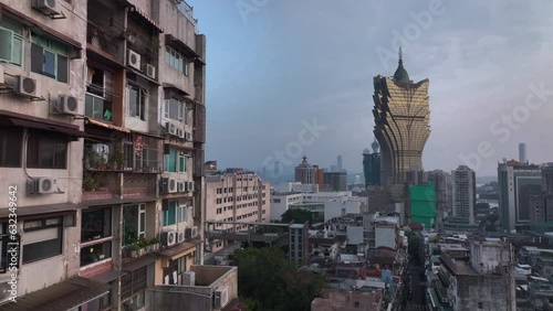 Old Residential Buildings On The Background Of Modern Macau, China, Aerial Panorama