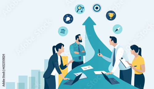 Plan, goal and successful business strategy. Managers standing and discussing around rising arrow. Path to the success. Vector illustration. 
