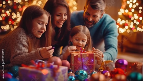 Happy Family Celebrating Christmas, Merry Christmas, New Year Celebration. Christmas presents. Happy Kids Celebrating Christmas. Background with Copy Space.