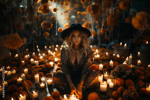 portrait of beautiful sexual witch on Halloween background