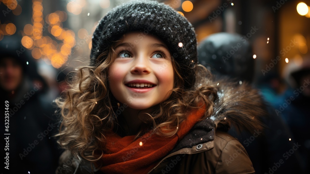 Happy girl in the street under the spell of Christmas. Happy girl in the street under the spell of Christmas.
