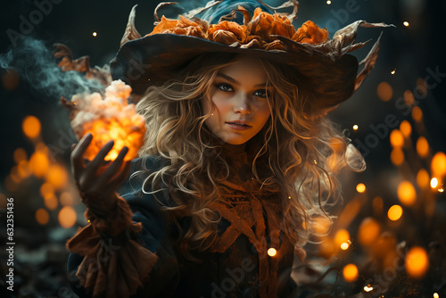 little beautiful witch conjures on Halloween night. Fairy tales. Halloween magic