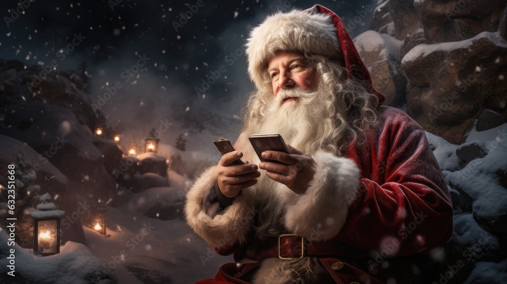 Santa Claus holding a phone.