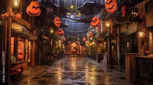 Places decorated for Halloween night.