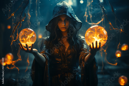 Dark and beautiful witch conjures on Halloween night. Fairy tales. Halloween magic photo