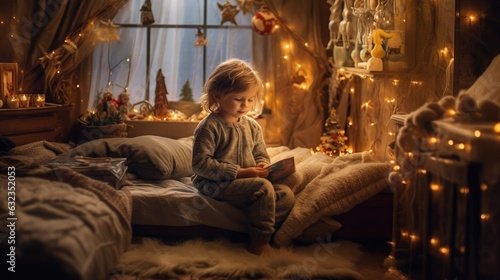 Boy waiting for gift from Santa Claus in bedroom on New Year's Eve.