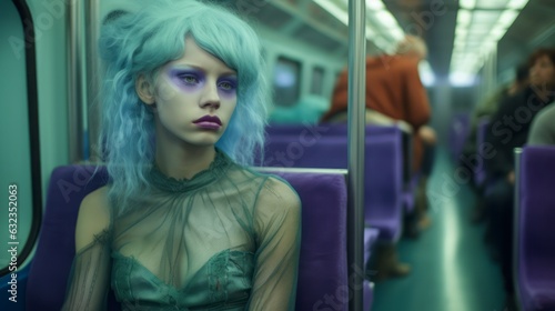 A portrait of a beautiful blond girl sitting on a subway train thinking about the meaning of life. Strong purple makeup and modern hairstyle. A symbol of sadness and introspection. Generative AI © mimi