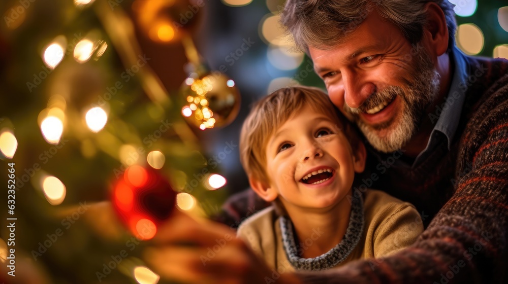 Happy boy decorating the Christmas tree with his father. Happy boy decorating the Christmas tree with his father.