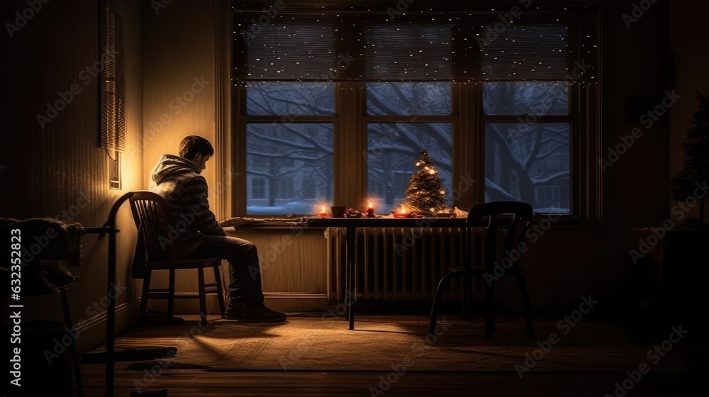 Lonely man spending Christmas alone in the dark of night. Lonely man spending Christmas alone in the dark of night.