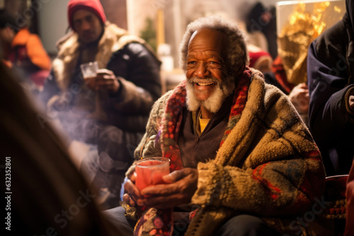 Positive elderly black homeless man sits on the street in after having a free lunch, surrounded by other individuals